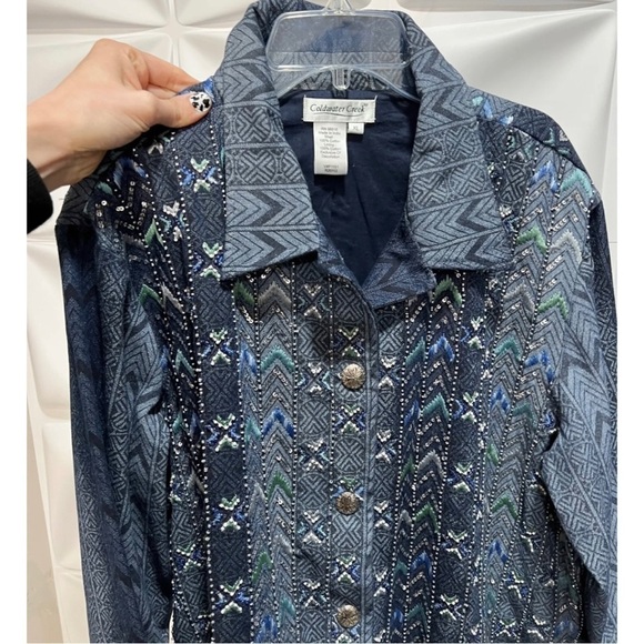 Coldwater Creek Womens Sz XL Blue Denim Beaded Embroidered Jacket Western Aztec - Picture 4 of 8